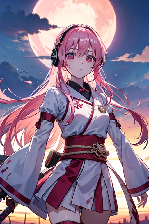 kawai bloody anime girl looking at the horizon with a castle floating in the distance and people in the distance with powers, pink hair, happy, headphones on listening to music and dancing panorama mode image that shows the landscape and that the girl does not look at the camera and that her entire body is seen, with a sandess on her face, with a katana hanging on her anime waist, anime, anime!!! 4k blood everywhere not a happy ending