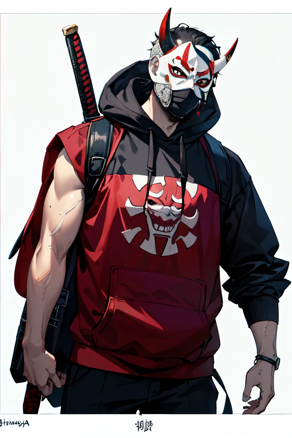 ((best quality)), ((masterpiece)), (detailed), perfect face samurai male, boy samurai, wearing mask, wearing hannya traditional mask, wearing a hoodie and a oni mask and a sword backpack half body, clean background, modern age street urban samurai,