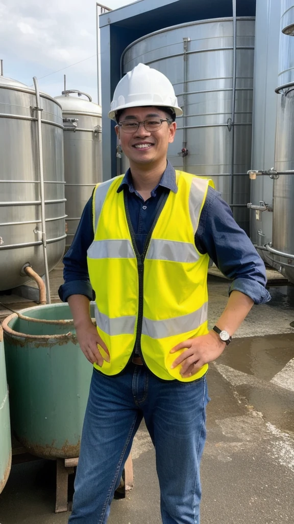 Create an image of a man in a white helm and yellow safety vest, wearing black boot and stand on front of huge water tanks blue, wearing formal clothing and blue jeans, environmental portrait, worksafe. instagram photo, people at work, water industries, engineering, corporate photo, semi portrait photo, look at the details, with a happy expression of Indonesian man.