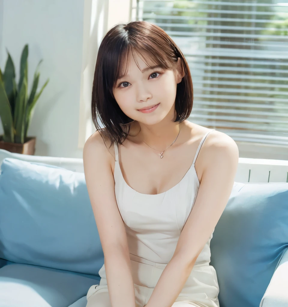 Best image quality、highest quality、masterpiece、Ultra-high resolution、8k、immature、Realistic:1.4、Professional Lighting、Cute school girl、Baby Face、Very short hair、thin、Moderate size chest cup bust、smile、Me in a tight white tank top、Wearing denim pants、sitting on a white sofa in the living room