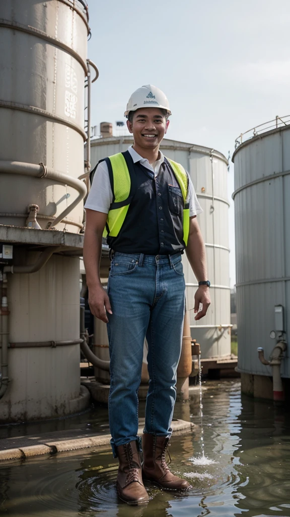 Create an image of a man in a white helm and yellow safety vest, wearing black boot and stand on front of huge water tanks blue, wearing formal clothing and blue jeans, environmental portrait, worksafe. instagram photo, people at work, water industries, engineering, corporate photo, semi portrait photo, look at the details, with a happy expression of Indonesian man. 