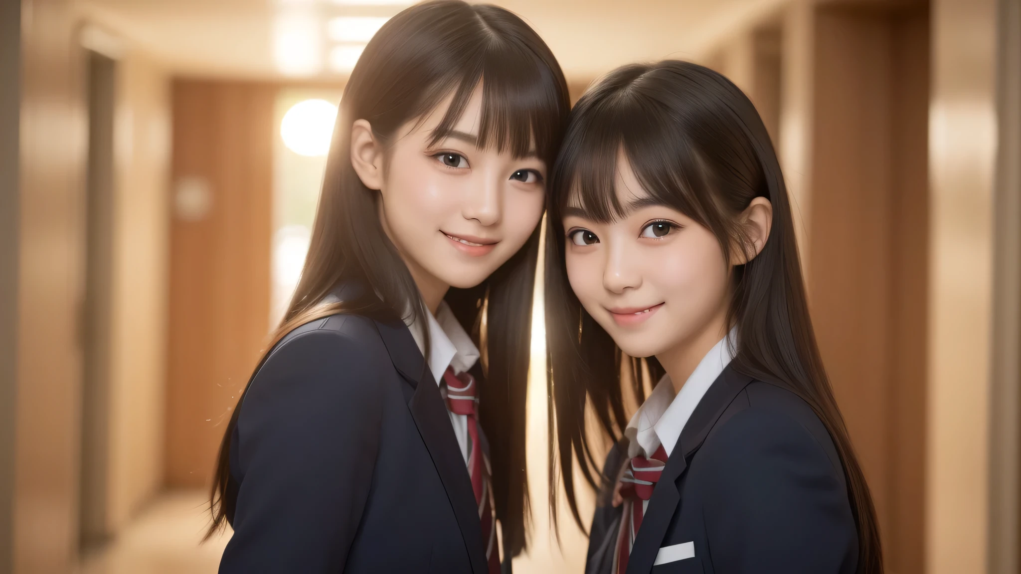 (2girl), brown eyes, bob hair, air bangs, (cute smile:1.2), A very neat face, a sense of cleanliness, (highly detailed eyes, highly detailed face), (hyper-realistic, hight resolution), (best Quality:1.4), (high school uniform:1.2), model, Enchanting, Japanese girls school hallway, The setting sun shining through the school hallway, (Fine face:1.2),