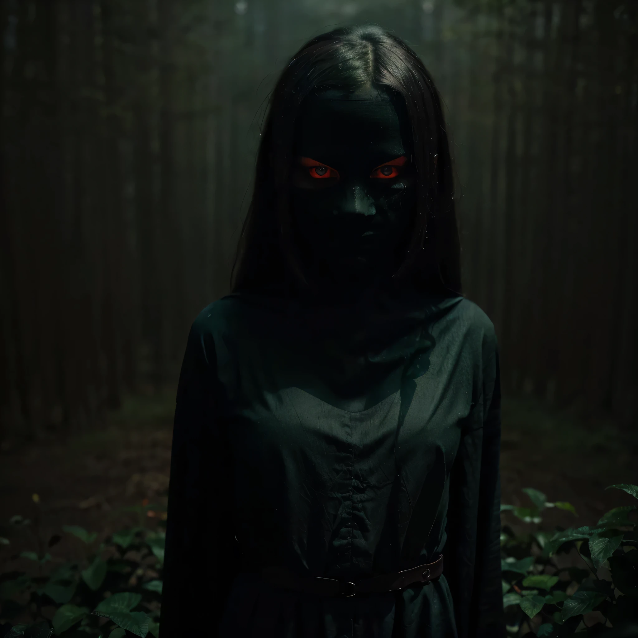 A mysterious figure stands in the shadows, their face hidden behind a creepy mask. The dominant colors of black as night, vibrant medium green, and dark blood-like red create an eerie and unsettling atmosphere. The figure's presence exudes a sense of menace and intrigue, leaving the viewer curious about their intentions and identity. The juxtaposition of the vibrant green and dark red against the dark background adds a sense of mystery and tension to the scene. The image evokes a feeling of unease and uncertainty, inviting the viewer to unravel the secrets of the enigmatic character.