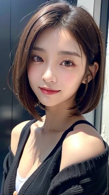 (((Close-up of face)))、(((Absolutely shoulder-length brown straight short bob)))、(((She is posing like a hair salon model, with a black wall indoors as the background.)))、(((Casual black winter long sleeve cardigan)))、Half Japanese, half Korean、18 year old girl、Standing Alone、Looking forward、Light eye makeup、Brown Hair Color、Flat and 、Hair blowing in the wind、Actress Quality、Glossy, ultra-realistic face、Smiling face、Watery eyes、Gazing Up、Subtle lighting effects、 Ultra-Realistic Capture、Very detailed、High resolution 16K close up of human skin。Skin texture must be natural、The details must be such that pores can be clearly seen、The skin is healthy、Uniform tone、Use natural light and colors、A worn-out, high-quality photo taken by a model agency&#39;s in-house photographer.、smile、(((SIGMA 300 mm F/1.4,1/1000 sec shutter,ISO 400)))
