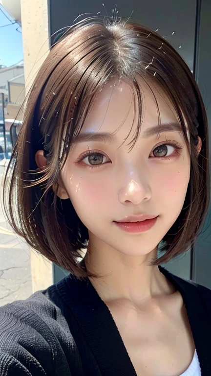 (((Close-up of face)))、(((Absolutely shoulder-length brown straight short bob)))、(((She is posing like a hair salon model, with a black wall indoors as the background.)))、(((Casual black winter long sleeve cardigan)))、Half Japanese, half Korean、18 year old girl、Standing Alone、Looking forward、Light eye makeup、Brown Hair Color、Flat and 、Hair blowing in the wind、Actress Quality、Glossy, ultra-realistic face、Smiling face、Watery eyes、Gazing Up、Subtle lighting effects、 Ultra-Realistic Capture、Very detailed、High resolution 16K close up of human skin。Skin texture must be natural、The details must be such that pores can be clearly seen、The skin is healthy、Uniform tone、Use natural light and colors、A worn-out, high-quality photo taken by a model agency&#39;s in-house photographer.、smile、(((SIGMA 300 mm F/1.4,1/1000 sec shutter,ISO 400)))
