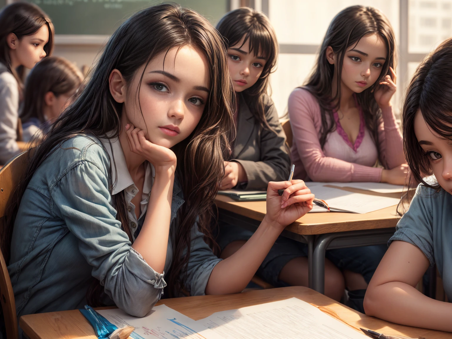 there is a girls in the classroom, a hyperrealistic schoolgirl, hyperrealistic schoolgirl, schoolgirl, smoking in the middle of the classroom, realistic schoolgirl, realism art, by Rudy Siswanto, rain, cyber schoolgirl, inspired by Rudy Siswanto, after the rain and no girl, very wet look, nipple, dramatic smoking pose, hyperrealism photography
