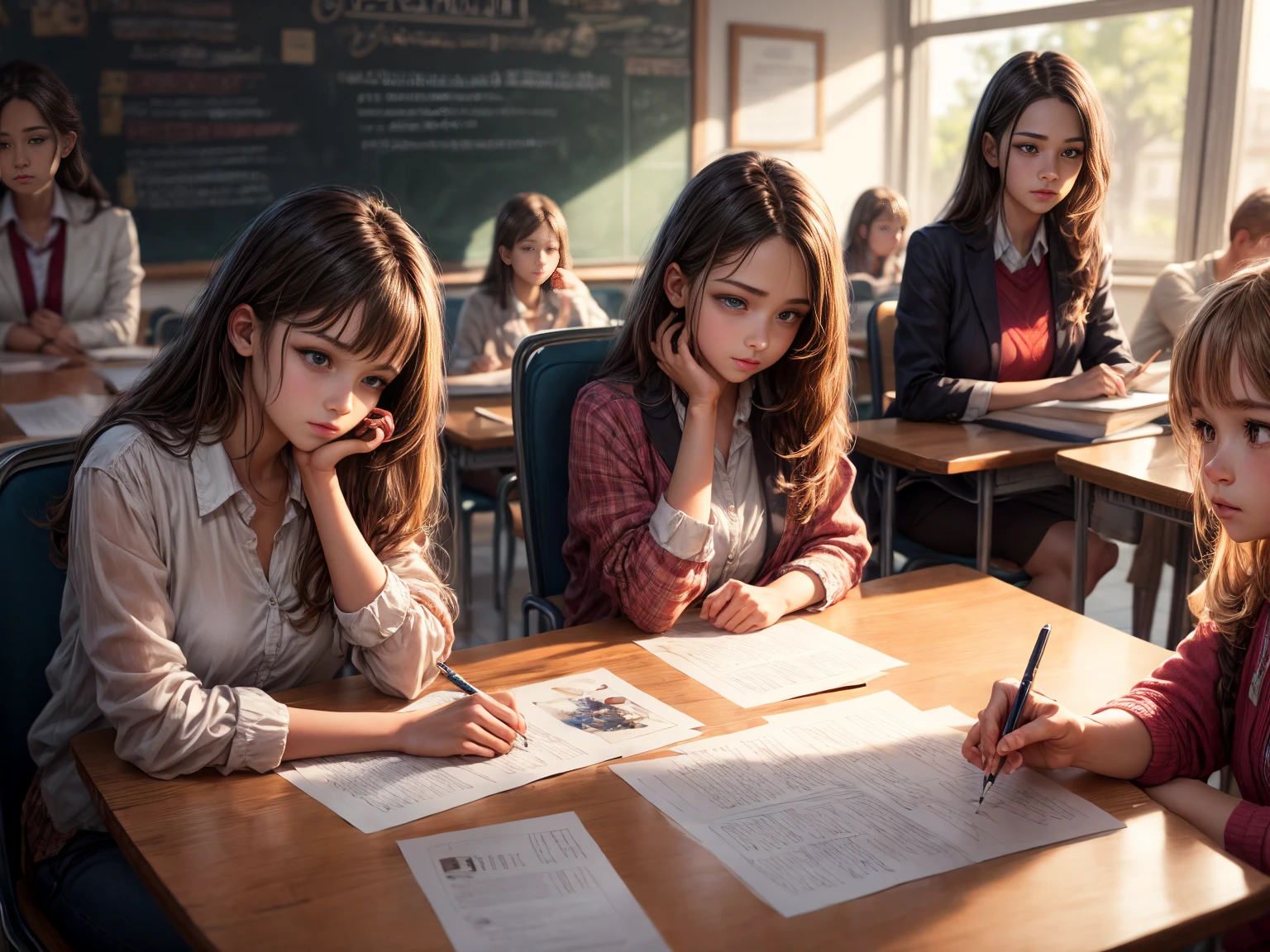 long shot, (best quality, realistic), illustration, traditional art: 1.2, beautiful detailed eyes, beautiful detailed lips, expressive face, flowing hair, highly detailed shading, sharp lines, vibrant colors, soft lighting, calm atmosphere, serene expression, comfortable chair, concentrated gaze, classroom with students, writing on the blackboard, talking to their classmates.