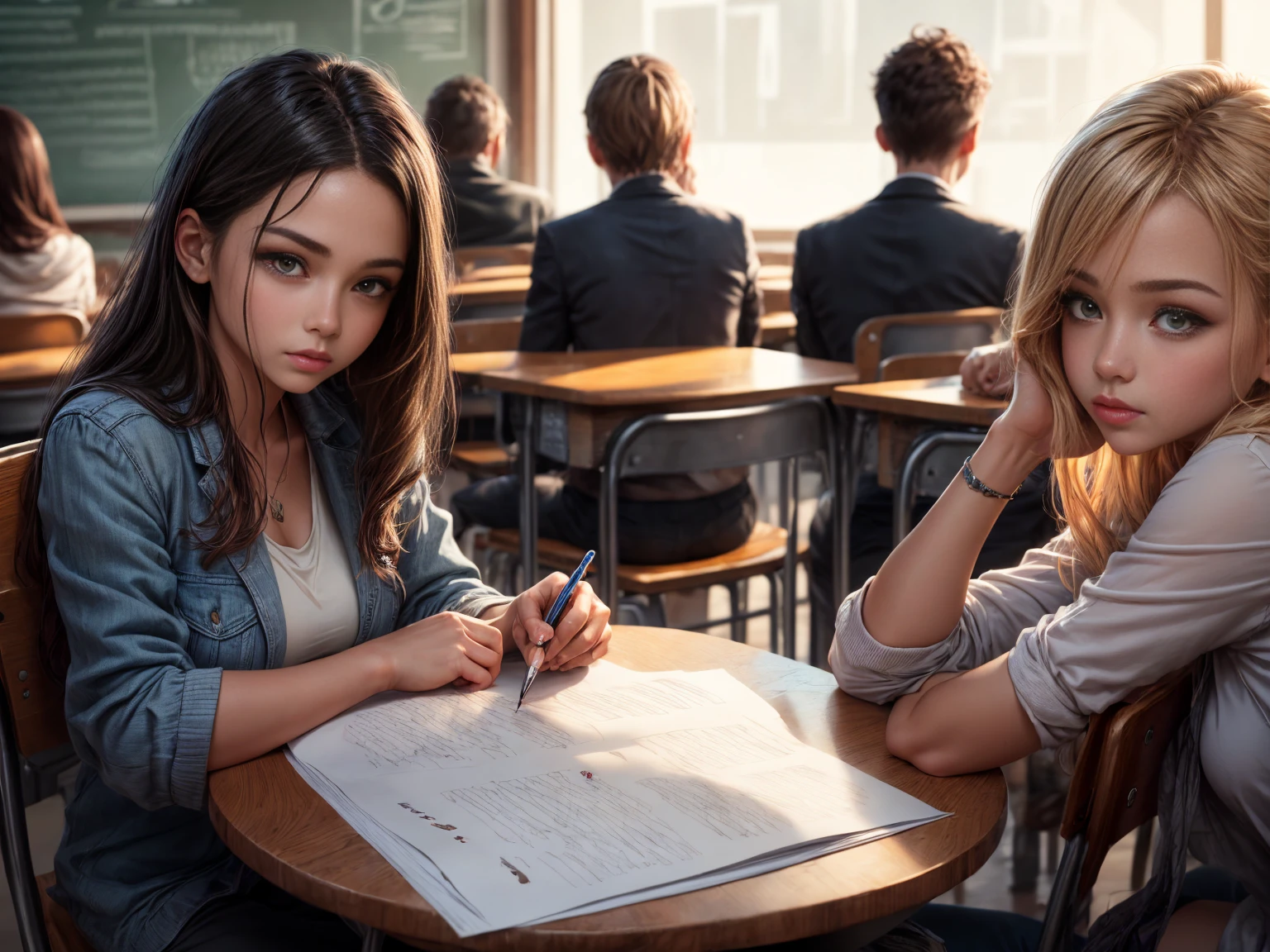 long shot, (best quality, realistic), illustration, traditional art: 1.2, beautiful detailed eyes, beautiful detailed lips, expressive face, flowing hair, highly detailed shading, sharp lines, vibrant colors, soft lighting, calm atmosphere, serene expression, comfortable chair, concentrated gaze, classroom with students, writing on the blackboard, talking to their classmates.