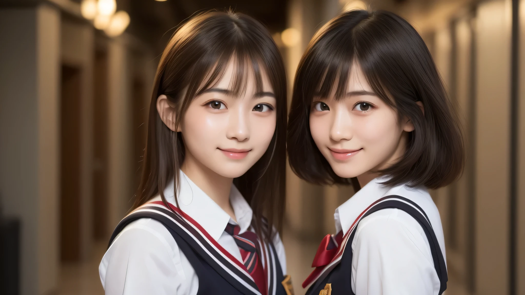 (2girl), brown eyes, bob hair, air bangs, (cute smile:1.2), A very neat face, a sense of cleanliness, (highly detailed eyes, highly detailed face), (hyper-realistic, hight resolution), (best Quality:1.4), (high school uniform:1.2), model, Enchanting, Japanese girls school hallway, The setting sun shining through the school hallway, (Fine face:1.2),