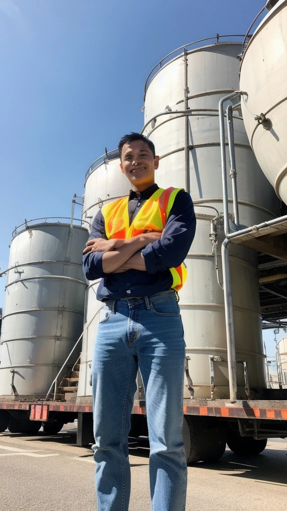 Create an image of a man in a white helm and yellow safety vest, wearing black boot and stand on front of huge water tanks, blue sky, wearing long sleve clothing and blue jeans, environmental portrait, worksafe. instagram photo, people at work, water industries, engineering, corporate photo, semi portrait photo, look at the details, with a happy expression of Indonesian man.