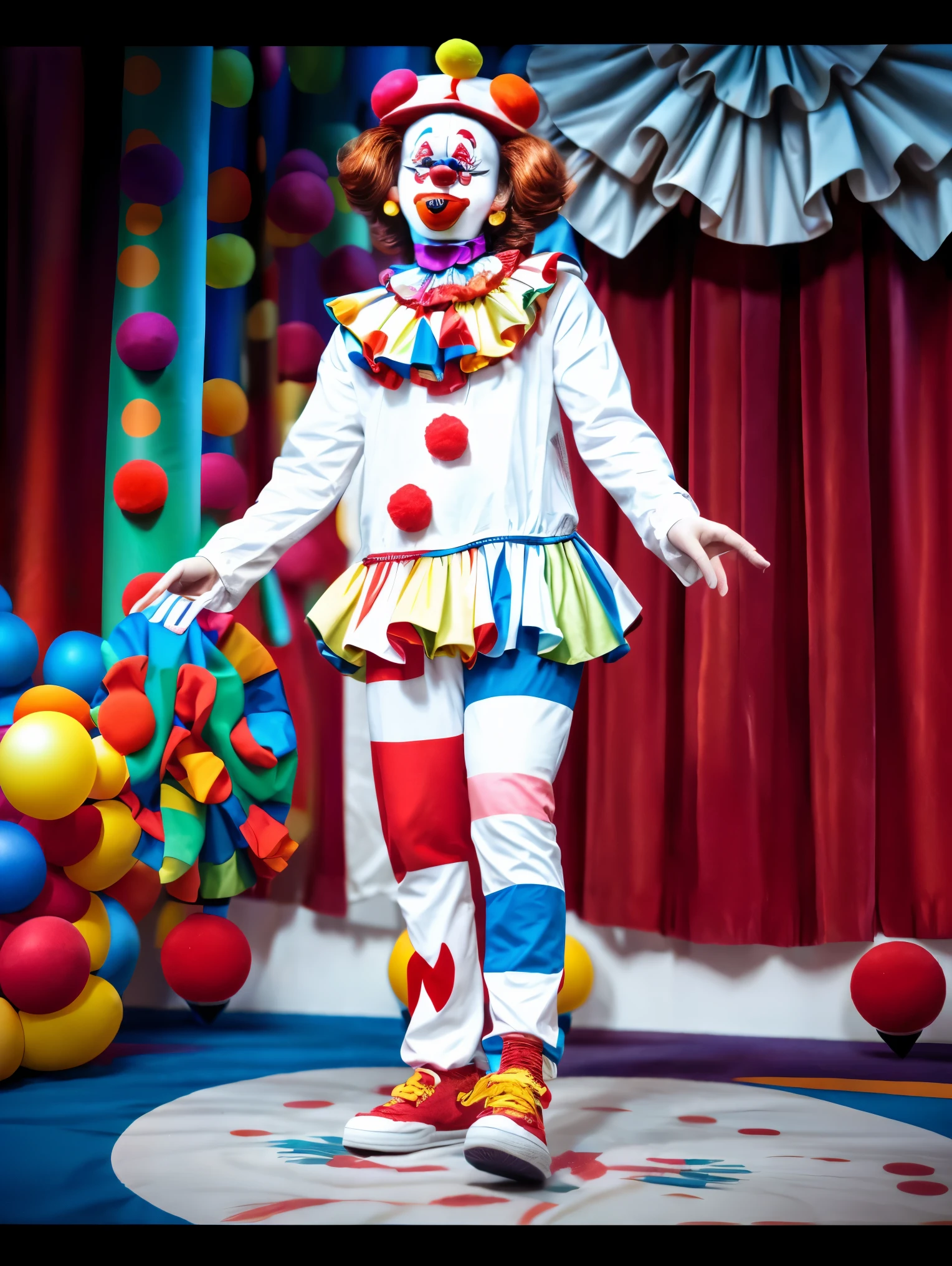 Clean background, picture proportion coordination, (white face clown :1.5), wearing a colorful knitted texture hat, highly detailed hat, full-body shot, realistic style, (face thickly painted white), red mouth, (nose wearing red sponge ball), movie light effect, funny action, (Happy clown), looking at the audience, white gloves, holding a black magic wand, Clown costume, red big head plush shoes, highest quality, master art, masterpiece, (with very high artistic viewing), 4K quality,