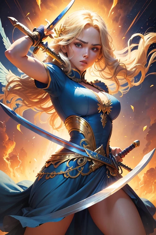 comics art,vivid colors,beautiful vintage warrior woman with very big open wings,beautiful face,blonde curly long hair,((((holding a sword in front of the body in a defensive position))),blue dress with gold embroid details,little breasts, determined face expression,flowery background,soft lighting)
