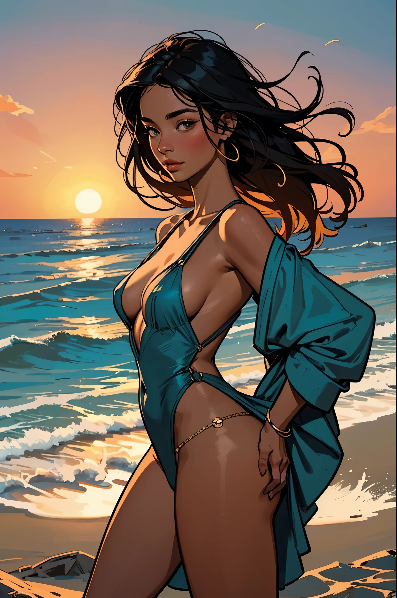 (sexy,confident)A confident and sexy woman stands on a sandy beach, basking in the warm sunlight. Her tan skin glistens under the golden hour lighting, illuminated by the vibrant colors of the sunset. Her long hair dances in the wind, creating a sense of movement and freedom. The waves crash gently against the shore, creating a soothing soundtrack to the scene. The relaxed atmosphere of the beach is captured in high resolution, showcasing every detail of the woman's radiant beauty. The professional photography style enhances the overall look, making it appear like a stunning portrait. This prompt exudes the essence of summer vibes, inviting viewers to feel the warmth and joy of the season.