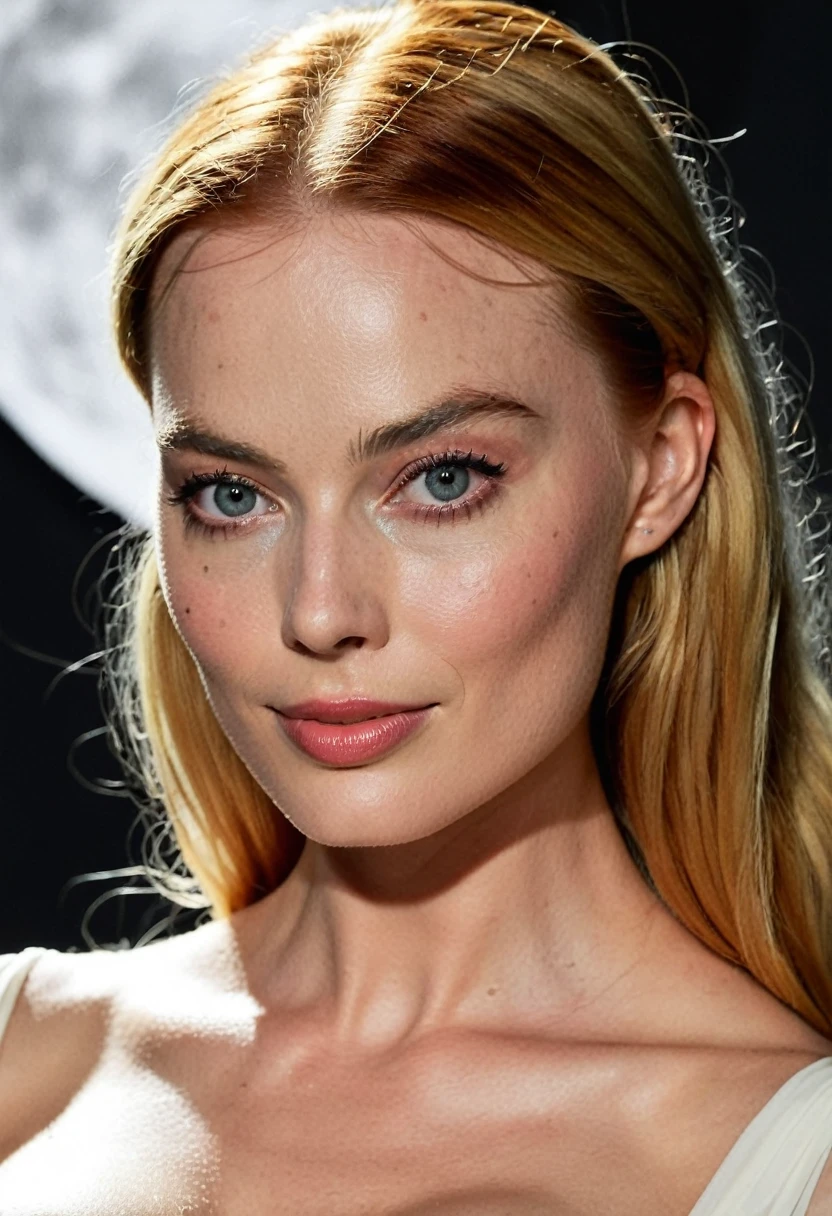 High quality, 3/4 profile,  (upper body), abs, photo of a (sweaty:1.2) (ginger:1.2) high elf, margot_robbie_model_face with perfect lips, (enormous_breasts:1.5), (gigantic_boobs:1.2, massive_tits:1.2), (huge_deep_cleavage:1.5), (illuminated by white moonlight), (vibrant long luscious carrot_hair:1.2), elven ears, Nikon Z9, skin texture visible, (sharp focus), (high quality), (wearing an elegant white seethrough:1.4 gown:1.3), warm smile,