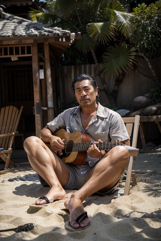 a Photorealistic wide shot of Japanese actor Toshiro Mifune as his character Yojimbo sitting in a beach chair on a sandy and sunny beach wearing traditional Japanese sandals, a grey Hawaiian shirt and cargo shorts playing a black guitar