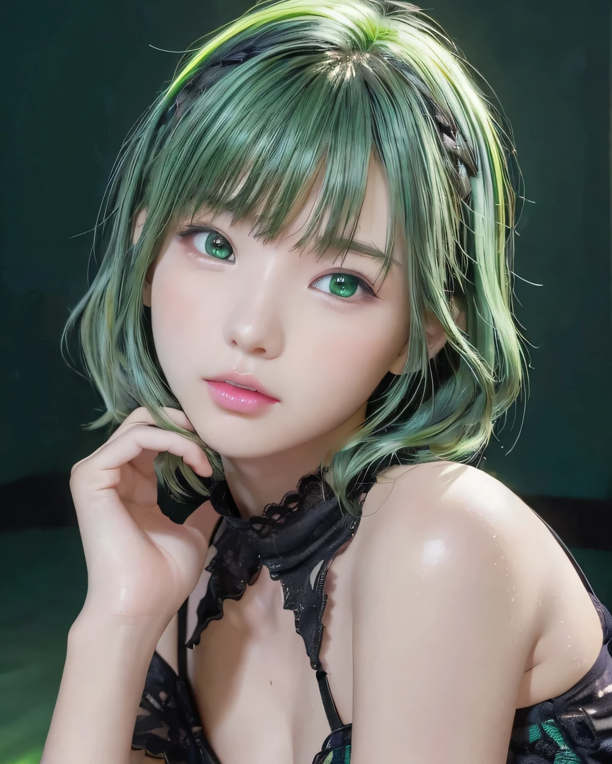 (Luminous and colorful lighting setup for model photography:1.25)、8K、highest quality、1 Girl、()、(Face shot close up:1.3)、(Perfect hands、Perfect Anatomy)、Flat Body、cute、Beautiful photorealistic、High resolution、Perfect lighting and shadowatrix Style:1.23)、(((dark)))、、(Green Color Hair:1.34)、(Black light:1.23)