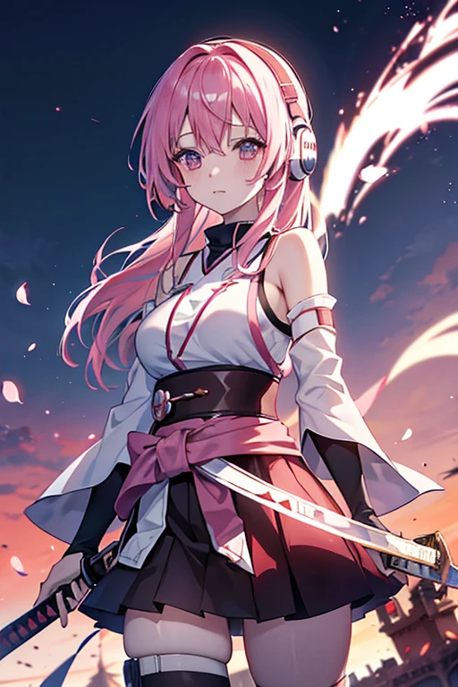 kawai bloody anime girl looking at the horizon with a castle floating in the distance and people in the distance with powers, pink hair, happy, headphones on listening to music and dancing panorama mode image that shows the landscape and that the girl does not look at the camera and that her entire body is seen, with a sandess on her face, with a katana hanging on her anime waist, anime, anime!!! 4k blood everywhere not a happy ending