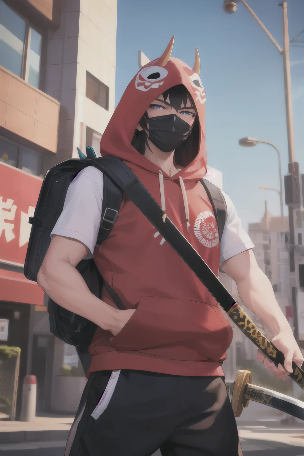 ((best quality)), ((masterpiece)), (detailed), perfect face samurai male, boy samurai, wearing mask, wearing hannya traditional mask, wearing a hoodie and a oni mask and a sword backpack half body, clean background, modern age street urban samurai,