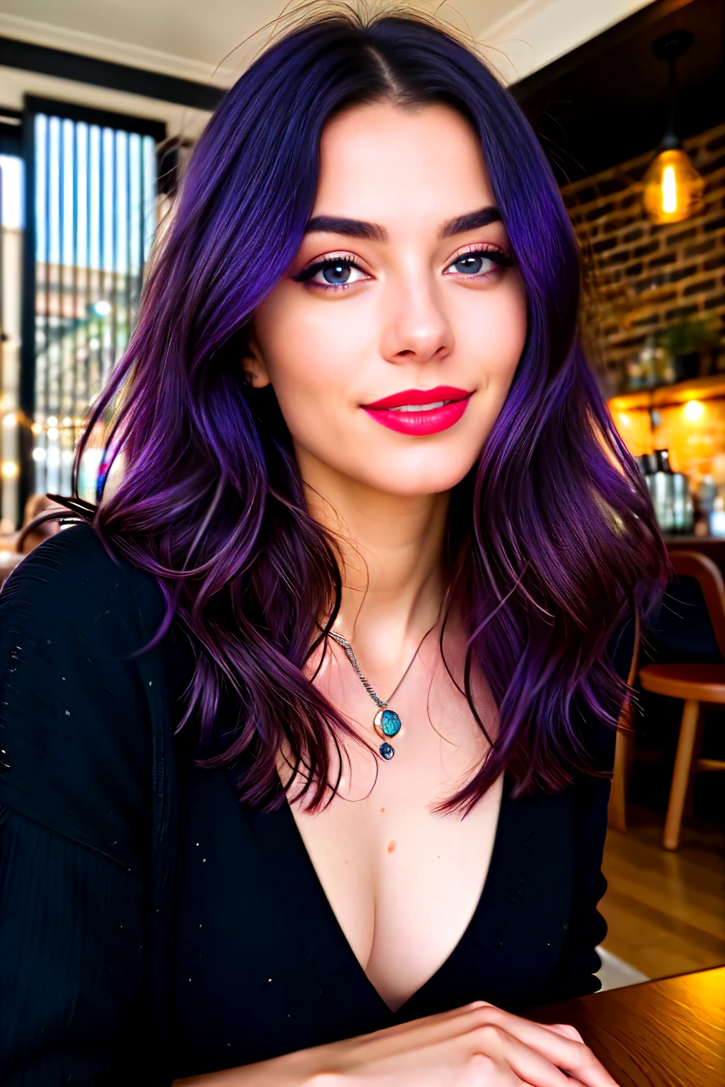 A portrait photo of a beautiful influencer woman, with captivating purple hair, mesmerizing blue eyes, bold red lips, and a charming, irresistible smile, in the cozy ambiance of a modern coffe shop, human details, 8k resolution, realistically rendered - every detail meticulously captured,intricate high details, sharp focus, detailed complexion, authentic skin texture, profoundly textured eyes,professionally executed, maximally detailed, ultrarealistic, photorealistic rendering, photography.
In this 8k ultra-high definition photograph, the enchanting influencer captures the eye and transports the viewer into the charming, intimate setting of