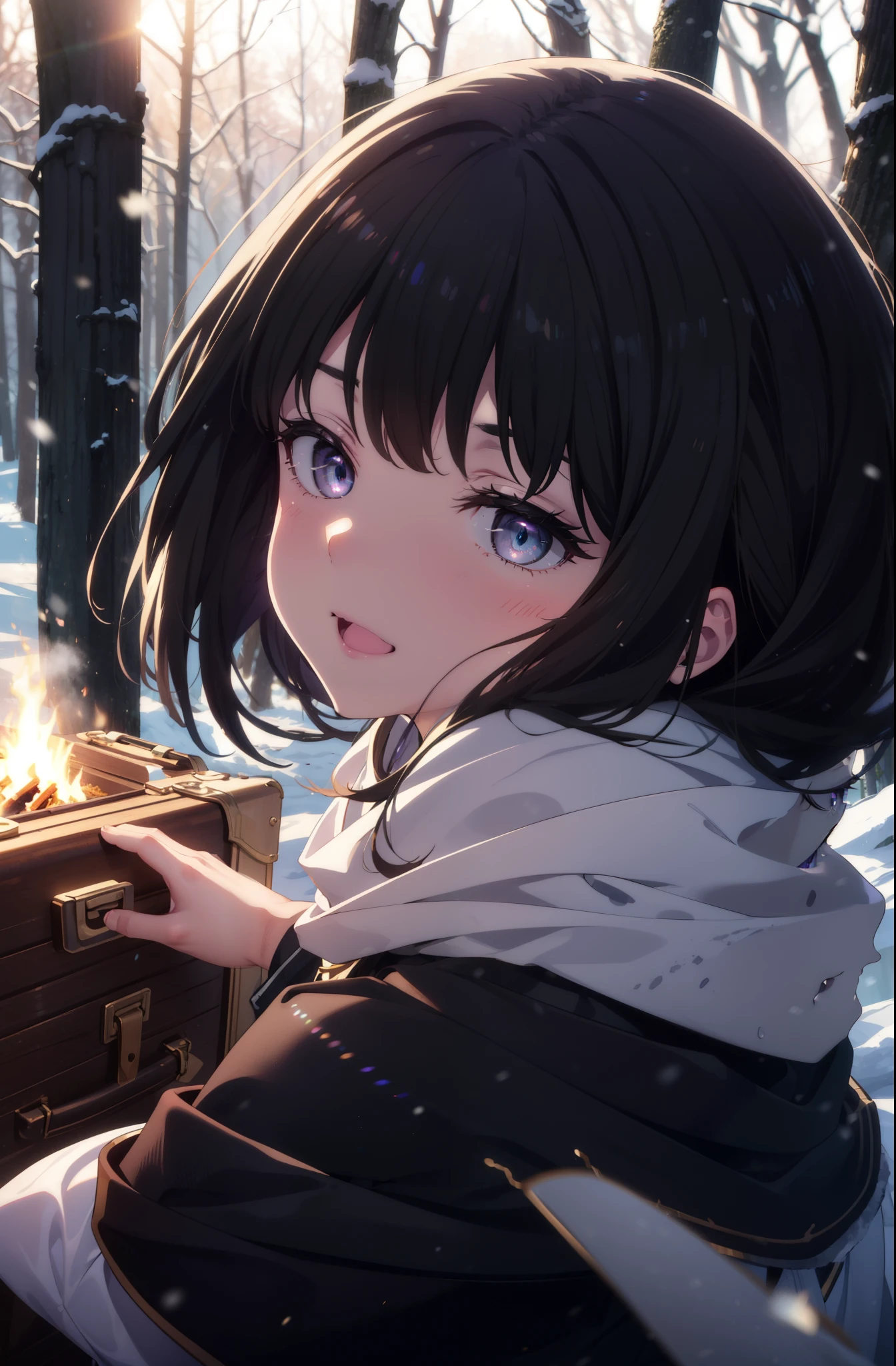 Takiuchi, Inoue Check, Long Hair, bangs, Black Hair, (Purple eyes:1.2),smile,
Open your mouth,snow,Bonfire, Outdoor, boots, snowing, From the side, wood, suitcase, Cape, Blurred, forest,  nature, Squat,  Cape, winter, Written boundary depth, Black shoes, blue Cape break looking at viewer, Upper Body, whole body, break Outdoor, forest, nature, break (masterpiece:1.2), highest quality, High resolution, unity 8k wallpaper, (shape:0.8), (Beautiful and beautiful eyes:1.6), Highly detailed face, Perfect lighting, Extremely detailed CG, (Perfect hands, Perfect ???????),
