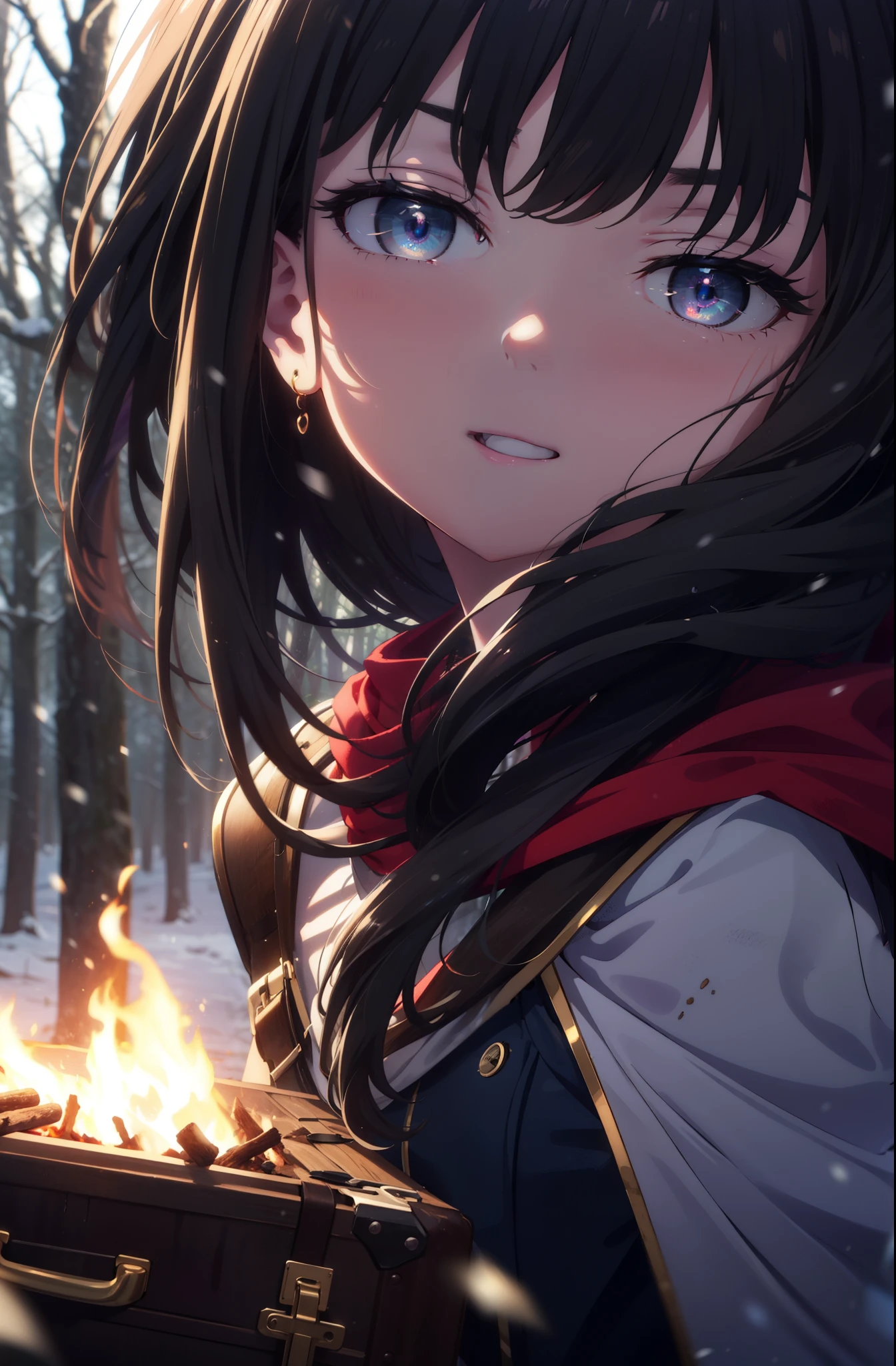 Takiuchi, Inoue Check, Long Hair, bangs, Black Hair, (Purple eyes:1.2),smile,
Open your mouth,snow,Bonfire, Outdoor, boots, snowing, From the side, wood, suitcase, Cape, Blurred, forest, nature, Squat, Cape, winter, Written boundary depth, Black shoes, blue Cape break looking at viewer, Upper Body, whole body, break Outdoor, forest, nature, break (masterpiece:1.2), highest quality, High resolution, unity 8k wallpaper, (shape:0.8), (Beautiful and beautiful eyes:1.6), Highly detailed face, Perfect lighting, Extremely detailed CG, (Perfect hands, Perfect Anatomy),