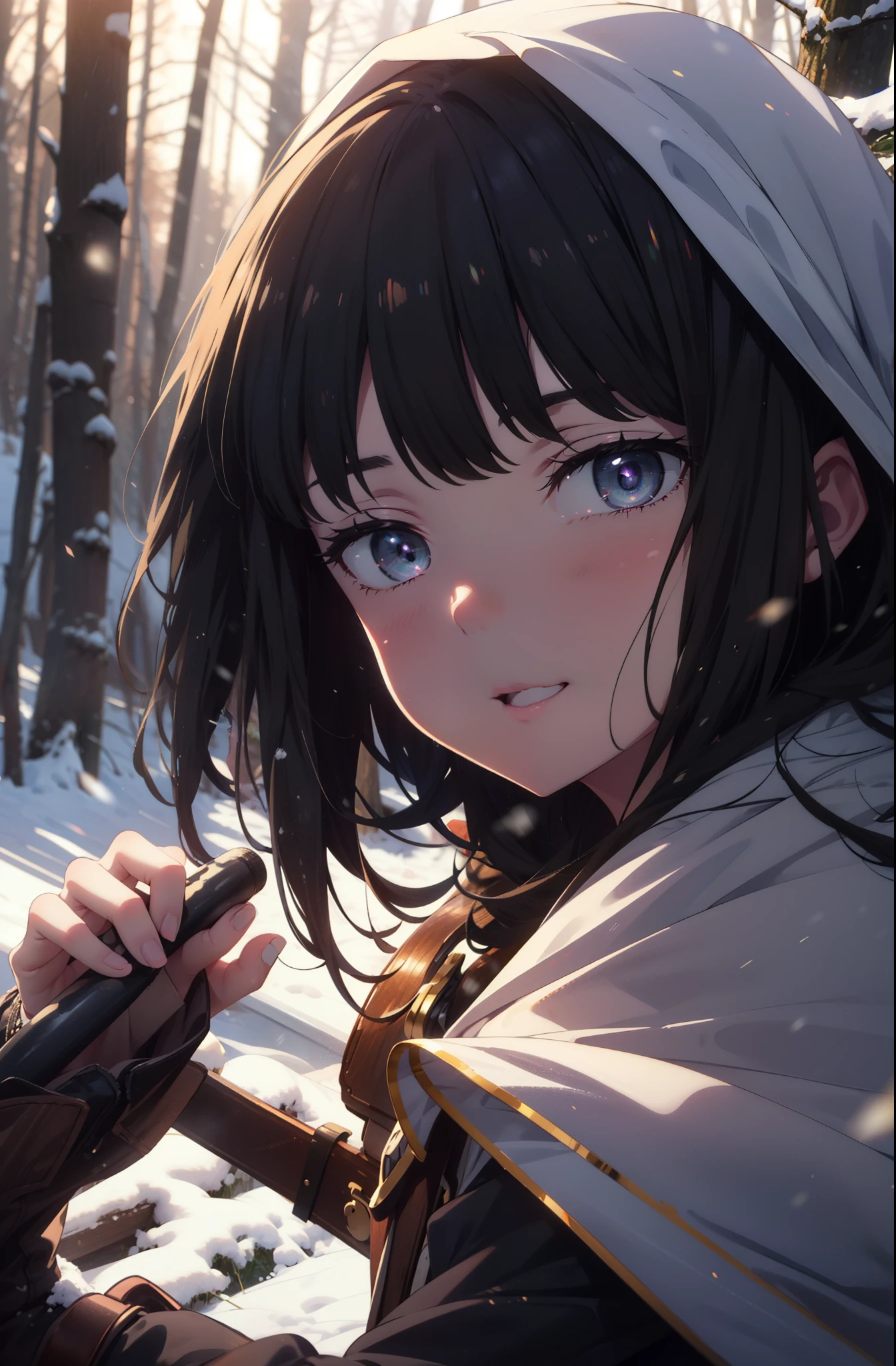 Takiuchi, Inoue Check, Long Hair, bangs, Black Hair, (Purple eyes:1.2),smile,
Open your mouth,snow,Bonfire, Outdoor, boots, snowing, From the side, wood, suitcase, Cape, Blurred, forest, nature, Squat, Cape, winter, Written boundary depth, Black shoes, blue Cape break looking at viewer, Upper Body, whole body, break Outdoor, forest, nature, break (masterpiece:1.2), highest quality, High resolution, unity 8k wallpaper, (shape:0.8), (Beautiful and beautiful eyes:1.6), Highly detailed face, Perfect lighting, Extremely detailed CG, (Perfect hands, Perfect Anatomy),