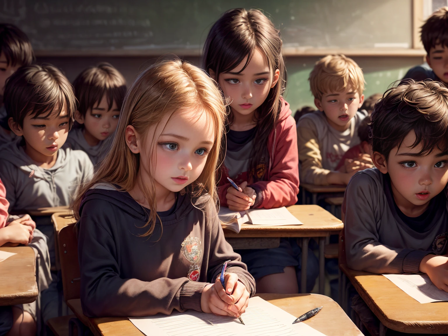 long shot, (best quality, realistic), illustration, traditional art: 1.2, beautiful detailed eyes, beautiful detailed lips, expressive face, flowing hair, highly detailed shading, sharp lines, vibrant colors, soft lighting, calm atmosphere, serene expression, comfortable chair, concentrated look, ((classroom with girls and boys students: 1.5)), writing on the blackboard, talking to his classmates.