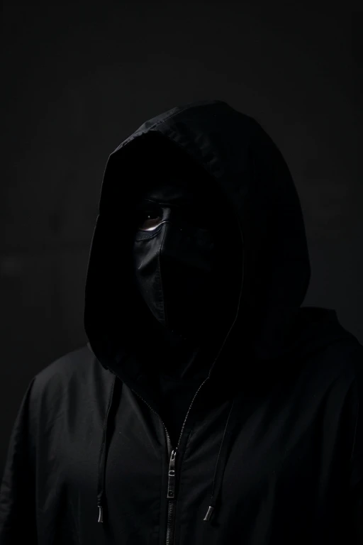 detailed features of a hooded man looking to the left with a black mask covering his face against a dark and mysterious background