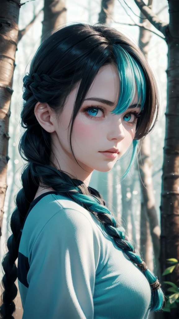 RAW, professional photograph, medium shot, photorealistic, hyper-realistic, ray tracing, super detail, UHD, 8k, female, twenty years old, athletic body, soft facial features, long braided hair, Celtic hairstyle, straight hair, cyan hair, cyan eyes, Celtic clothing, forest in winter, sharp image