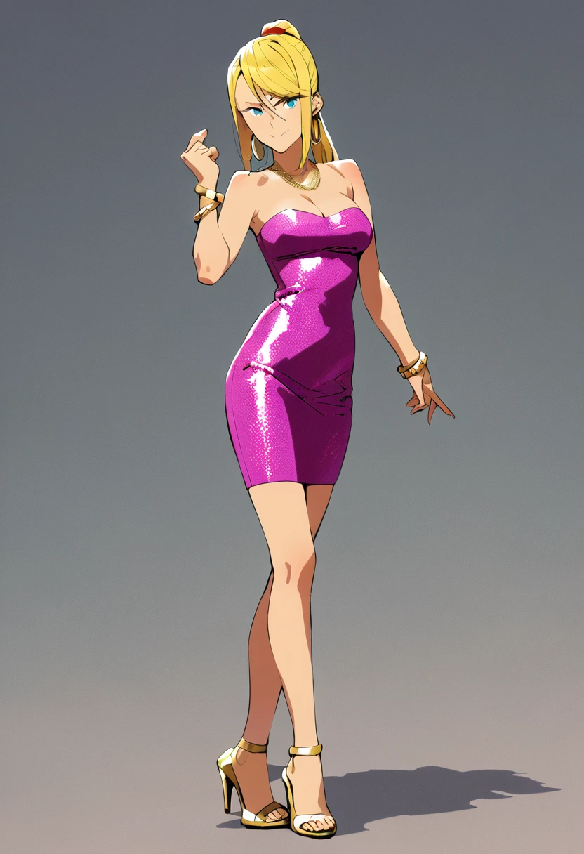 score_9,score_8_up,score_7_up,score_6_up, takeda hiromitsu style,1girl, sole_female, tanned, tanlines, pink bodycon dress, blue bodycon dress, sequins, strapless_dress, confident_pose, standing, intricate_face, intricate_eyes, smile, saggy_breasts, slender_waist, curvy_hips, high_heels, gold_bracelets, chain_necklace, hoop_earrings, dynamic_pose, sexy_face, sultry, curvy, Samus_Aran