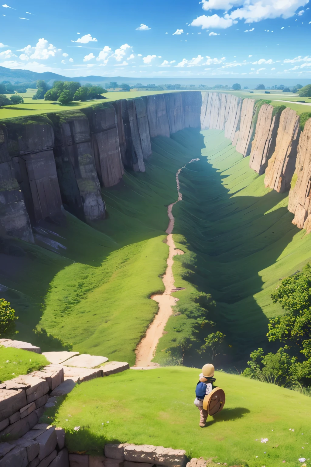 Create a scene from above with barren terrain transforming into green lawn, estilo 8 bits. Use color and detail to smoothly transition between terrains, with elements such as rocks and trees, capturing the nostalgia of classic games. arid above and green below.