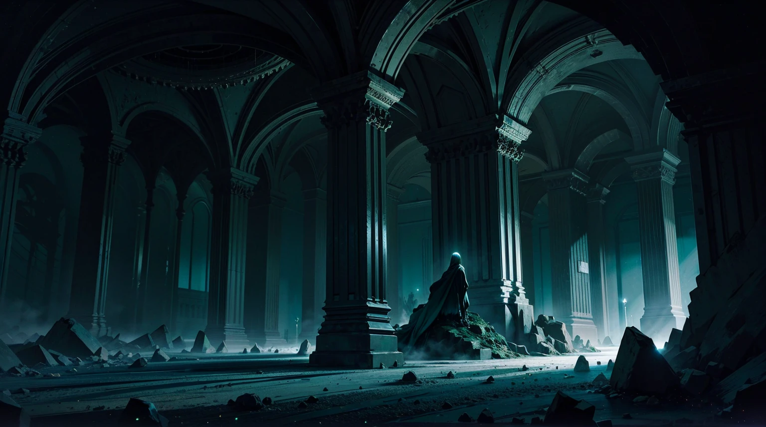 (dark green theme:1.2), inside a cavern, dim lit, desolated, macabre, horror, dark, thousand columns, dark shadows, (eldritch:1.2), darkness