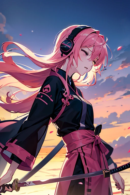 kawai bloody anime girl looking at the horizon with a castle floating in the distance and people in the distance with powers, pink hair, happy, headphones on listening to music and dancing panorama mode image that shows the landscape and that the girl does not look at the camera and that her entire body is seen, with a sandess on her face, closing her eyes, with a katana hanging on her waist, anime, anime!!! 4k blood everywhere not a happy ending and a tear falling off her eyes ninja style