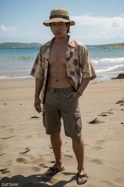a Photorealistic wide shot of Japanese actor Shintaro Katsu  as his character Zatoichi standing on a sandy beach on a sunny day wearing  traditional Japanese sandals, a brown flowery Hawaiian shirt and torn brown cargo shorts and a beach comber hat holding a Banjo

