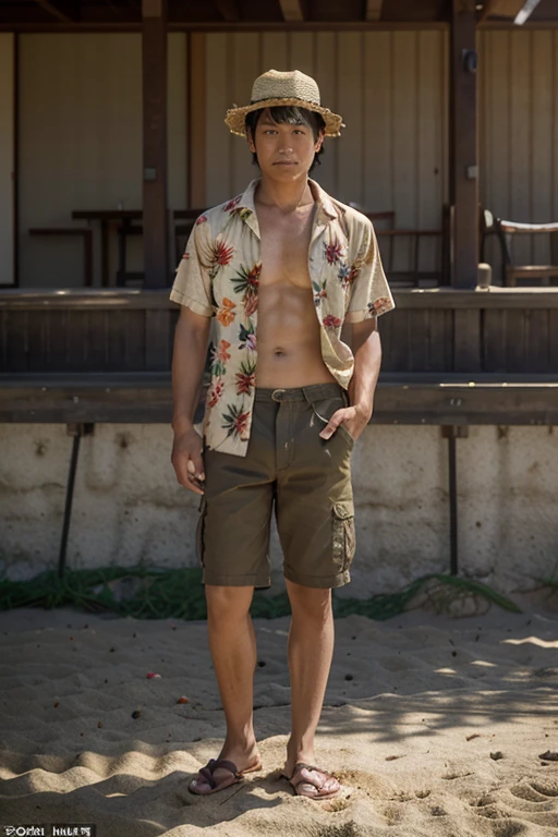 a Photorealistic wide shot of Japanese actor Shintaro Katsu  as his character Zatoichi standing on a sandy beach on a sunny day wearing  traditional Japanese sandals, a brown flowery Hawaiian shirt and torn brown cargo shorts and a beach comber hat holding a Banjo
