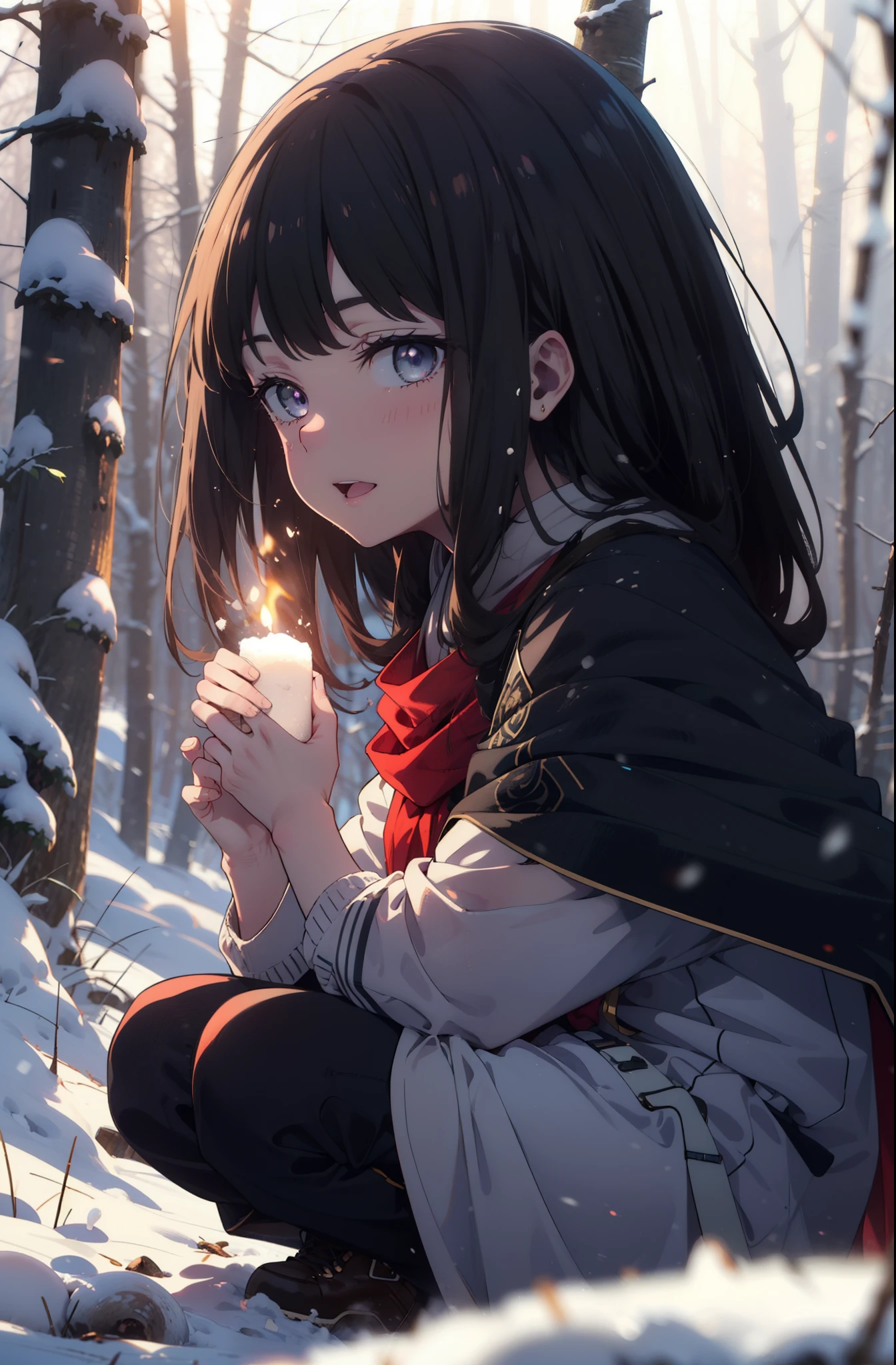 Takiuchi, Inoue Check, Long Hair, bangs, Black Hair, (Purple eyes:1.2),smile,
Open your mouth,snow,Bonfire, Outdoor, boots, snowing, From the side, wood, suitcase, Cape, Blurred, forest, nature, Squat, Cape, winter, Written boundary depth, Black shoes, blue Cape break looking at viewer, Upper Body, whole body, break Outdoor, forest, nature, break (masterpiece:1.2), highest quality, High resolution, unity 8k wallpaper, (shape:0.8), (Beautiful and beautiful eyes:1.6), Highly detailed face, Perfect lighting, Extremely detailed CG, (Perfect hands, Perfect Anatomy),