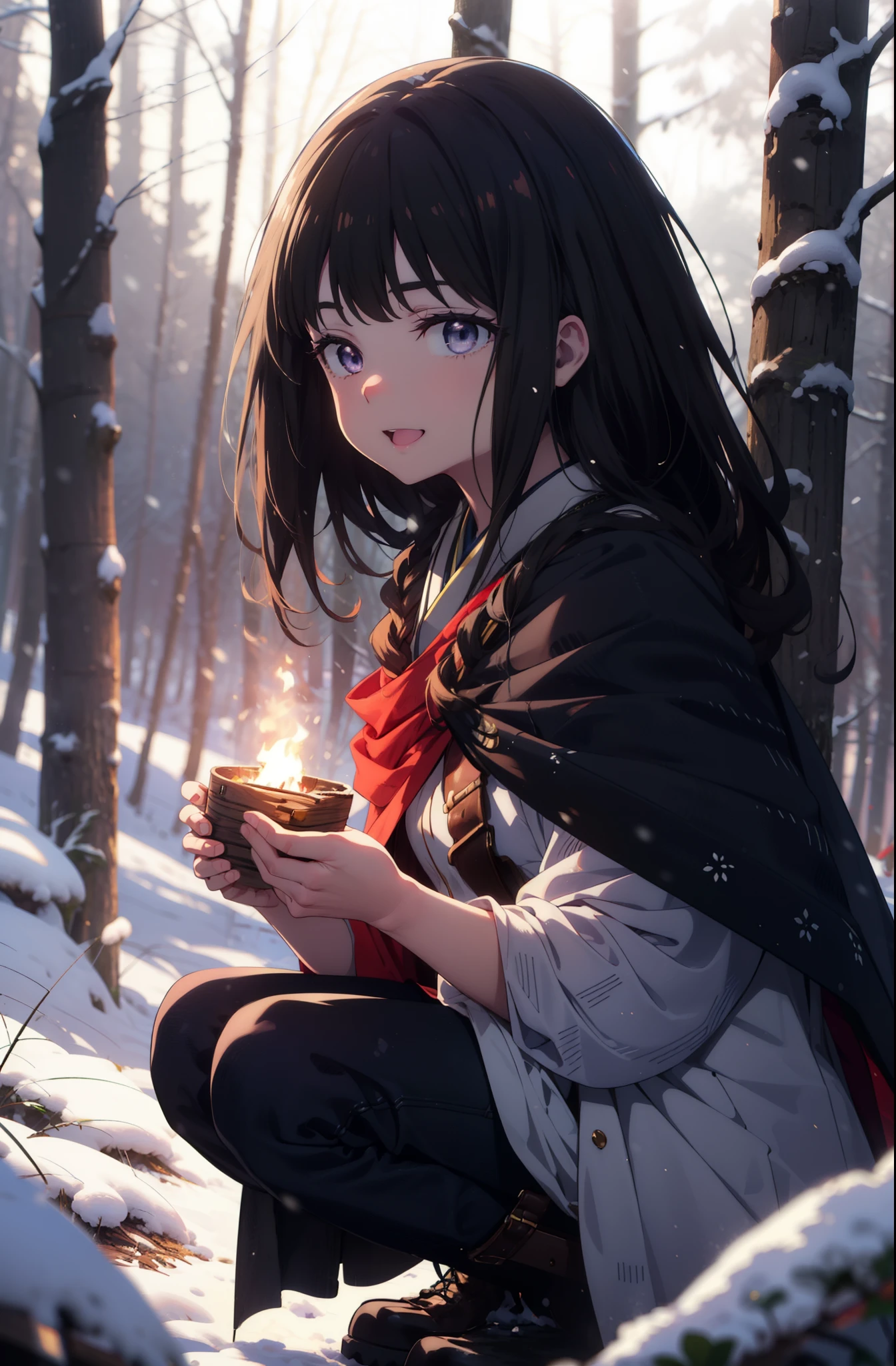 Takiuchi, Inoue Check, Long Hair, bangs, Black Hair, (Purple eyes:1.2),smile,
Open your mouth,snow,Bonfire, Outdoor, boots, snowing, From the side, wood, suitcase, Cape, Blurred, forest,  nature, Squat,  Cape, winter, Written boundary depth, Black shoes, blue Cape break looking at viewer, Upper Body, whole body, break Outdoor, forest, nature, break (masterpiece:1.2), highest quality, High resolution, unity 8k wallpaper, (shape:0.8), (Beautiful and beautiful eyes:1.6), Highly detailed face, Perfect lighting, Extremely detailed CG, (Perfect hands, Perfect Anatomy),
