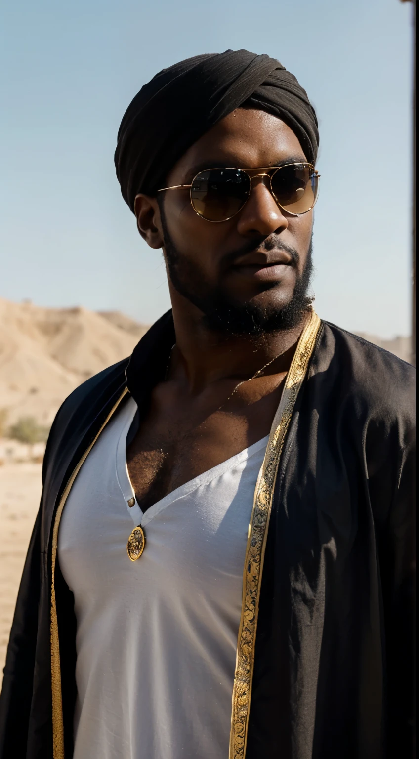 Describe a Angolan man with a deeply very dark coffee-like skin tone, sporting a very long large beard reminiscent of rick ross, and wearing dark sunglasses. He is dressed in traditional Arab attire, complete with an Arab turban atop his head. The camera is focused on his face, beginning from the chest and ascending to the crown of his head. Pay close attention to detailing the man's facial expression, the features of his LeBron James-esque beard, the intricacies of the turban, and the sunglasses he wears. This image should exude a sense of mystery and sophistication, capturing the allure and richness of Arab culture while highlighting the individuality of this man.