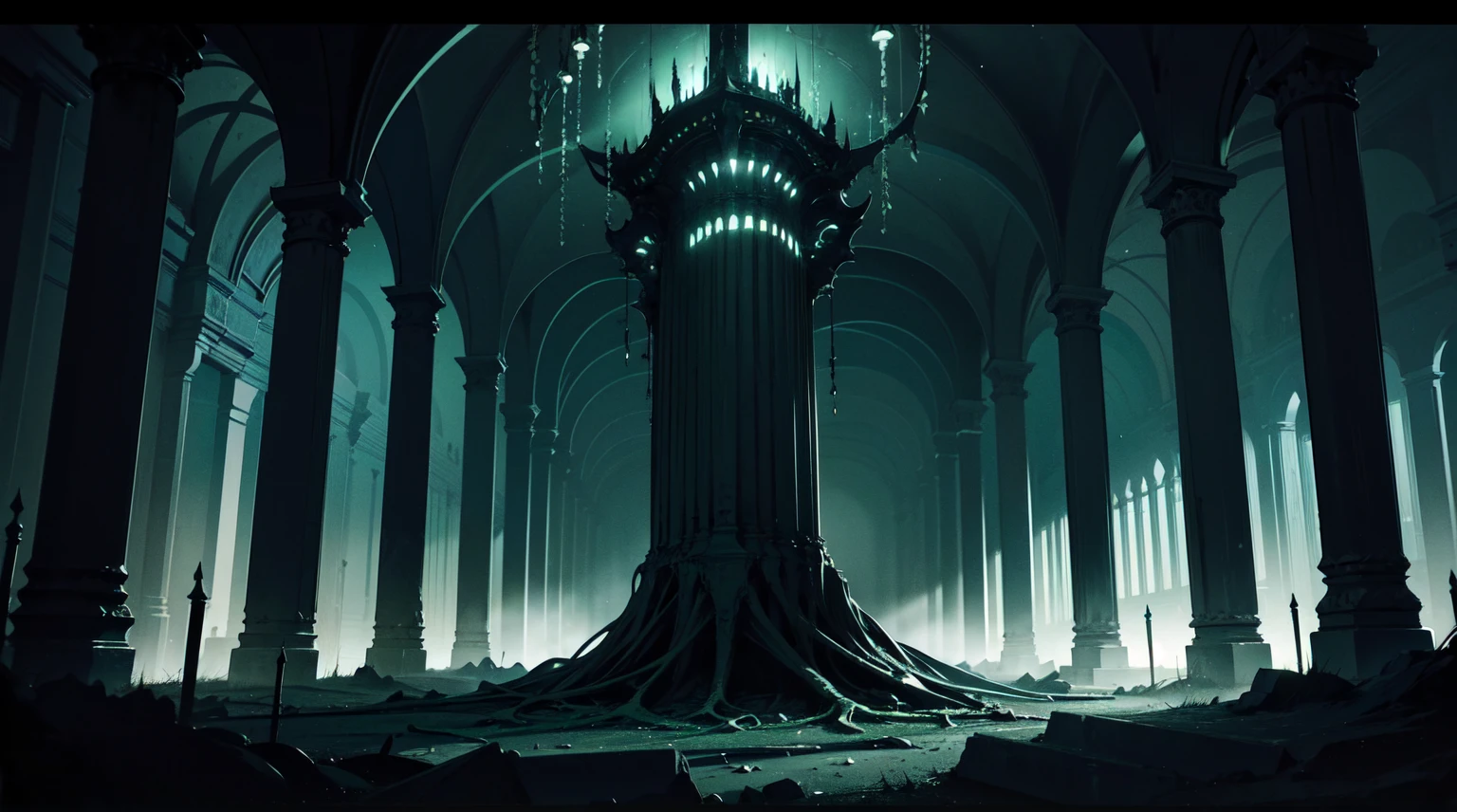 (dark green theme:1.2), inside a cavern, dim lit, desolated, macabre, horror, dark, thousand columns, dark shadows, (eldritch:1.2), darkness