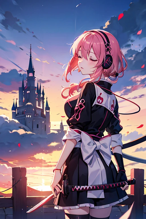 kawai bloody anime girl looking at the horizon with a castle floating in the distance and people in the distance with powers, pink hair, happy, headphones on listening to music and dancing panorama mode image that shows the landscape and that the girl does not look at the camera and that her entire body is seen, with a sandess on her face, closing her eyes, with a katana hanging on her waist, anime, anime!!! 4k blood everywhere not a happy ending and a tear falling off her eyes ninja style