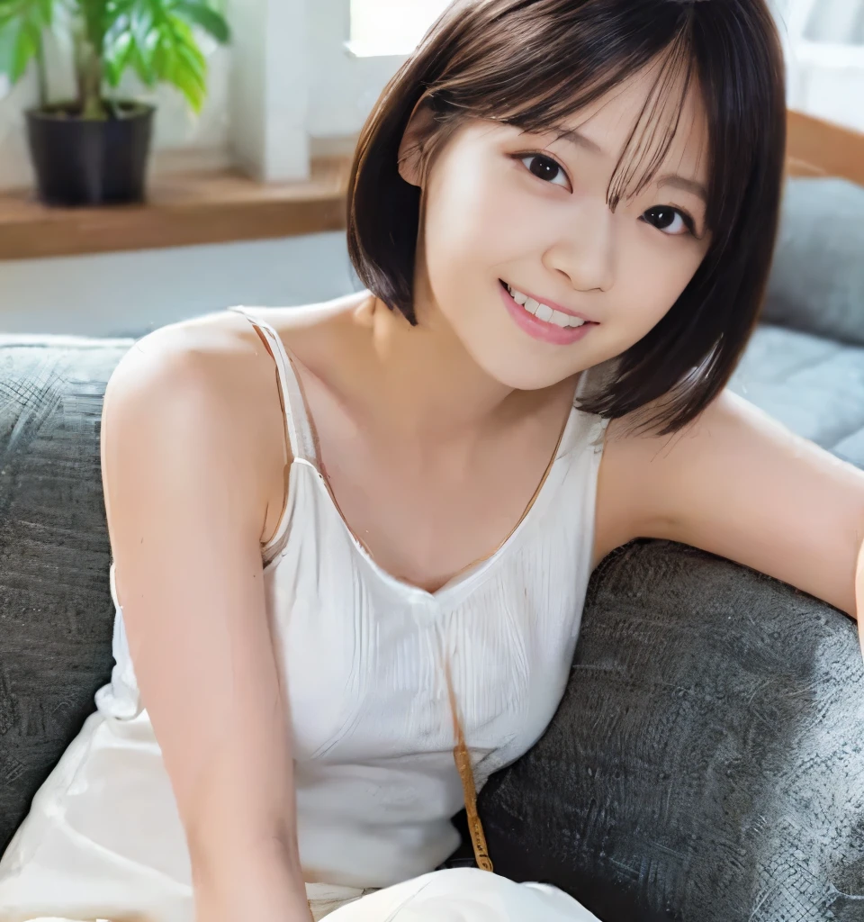 Best image quality、highest quality、masterpiece、Ultra-high resolution、8k、immature、Realistic:1.4、Professional Lighting、Cute school girl、Baby Face、Very short hair、thin、Moderate size chest cup bust、smile、Me in a tight white tank top、Wearing denim pants、sitting on a white sofa in the living room