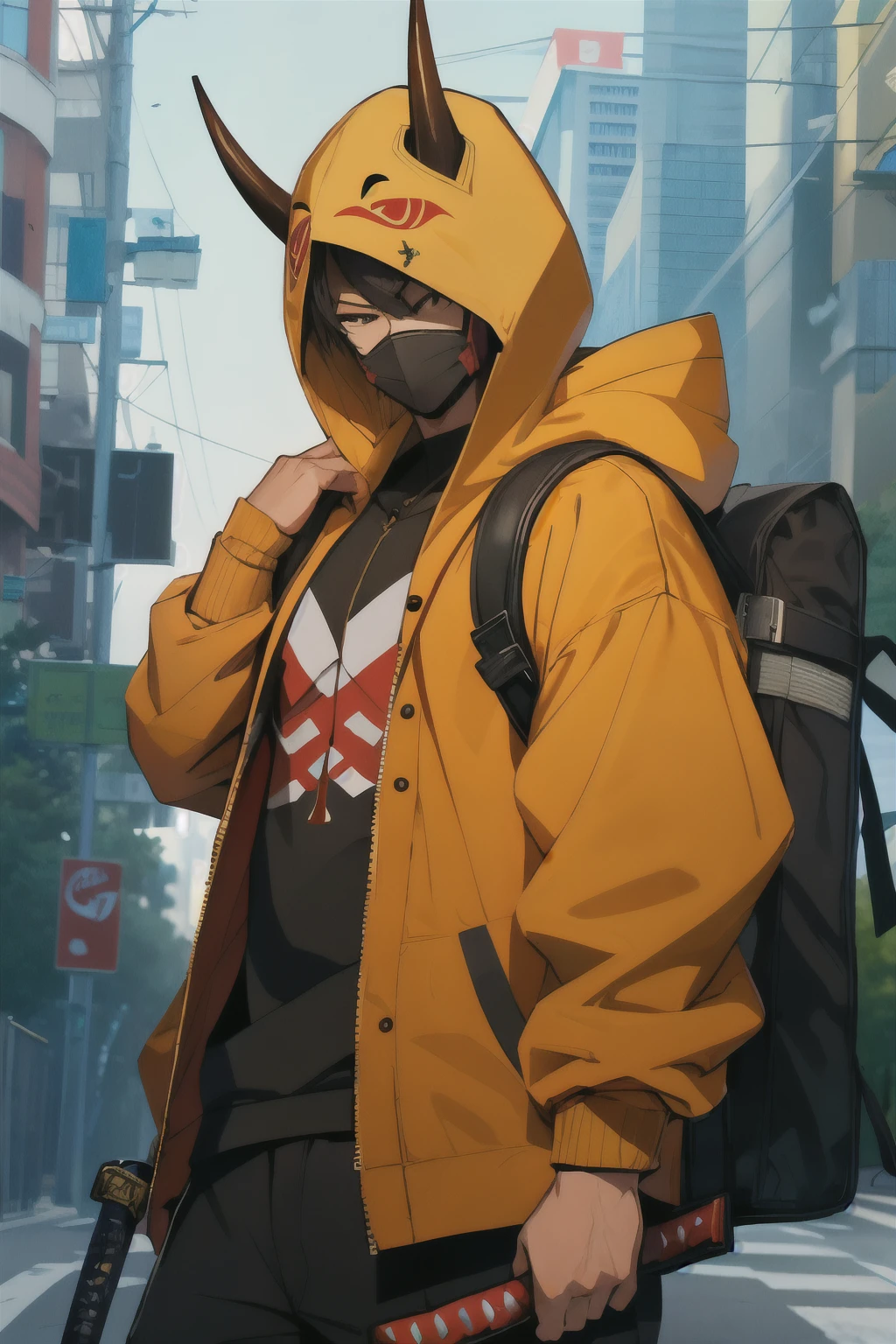 ((best quality)), ((masterpiece)), (detailed), perfect face samurai male, boy samurai, wearing mask, wearing hannya traditional mask, wearing a hoodie and a oni mask and a sword backpack half body, clean background, modern age street urban samurai,