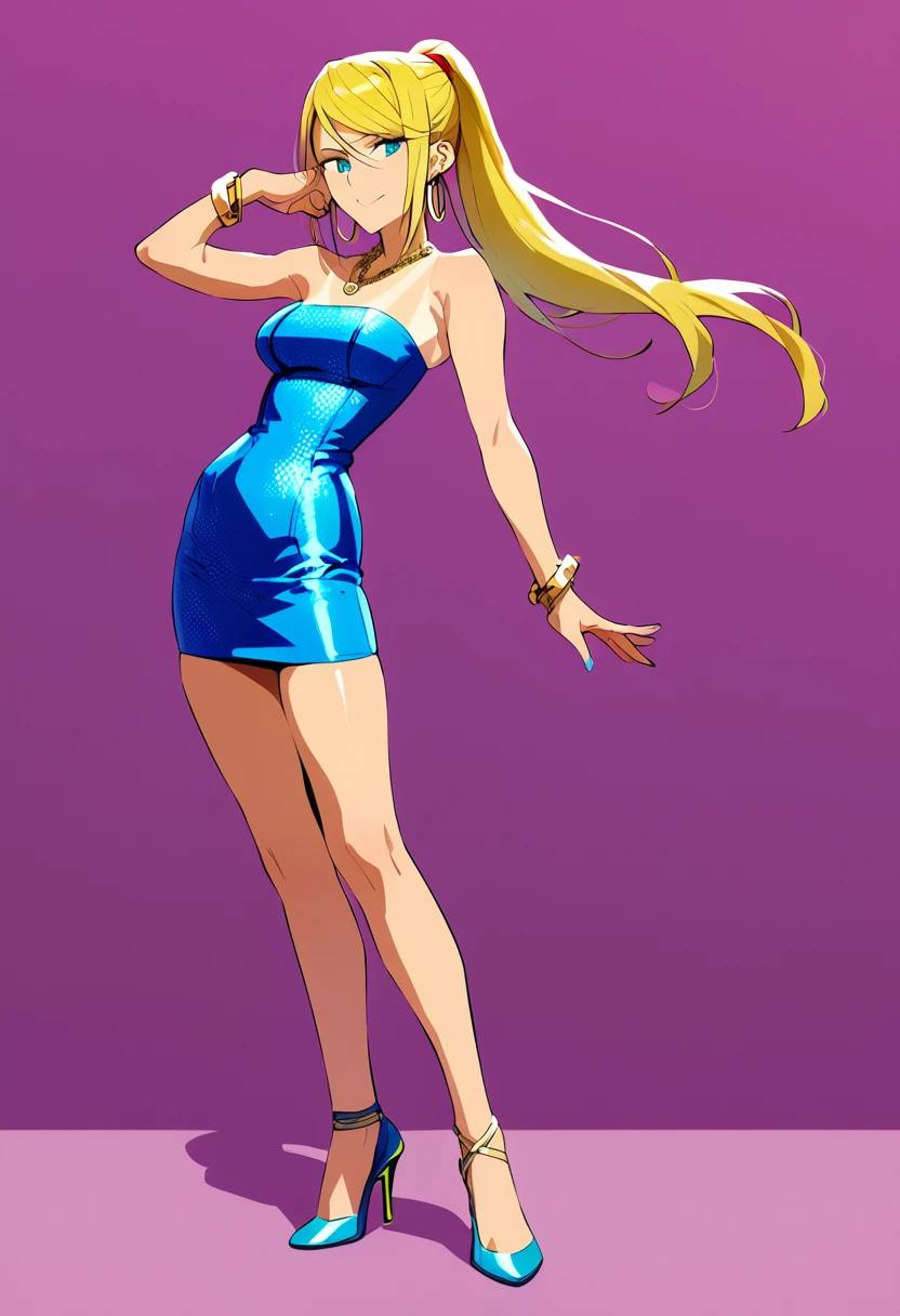 score_9,score_8_up,score_7_up,score_6_up, takeda hiromitsu style,1girl, sole_female, tanned, tanlines, pink bodycon dress, blue bodycon dress, sequins, strapless_dress, confident_pose, standing, intricate_face, intricate_eyes, smile, saggy_breasts, slender_waist, curvy_hips, high_heels, gold_bracelets, chain_necklace, hoop_earrings, dynamic_pose, sexy_face, sultry, curvy, skindentation, skin_tight, short_dress, Samus_Aran