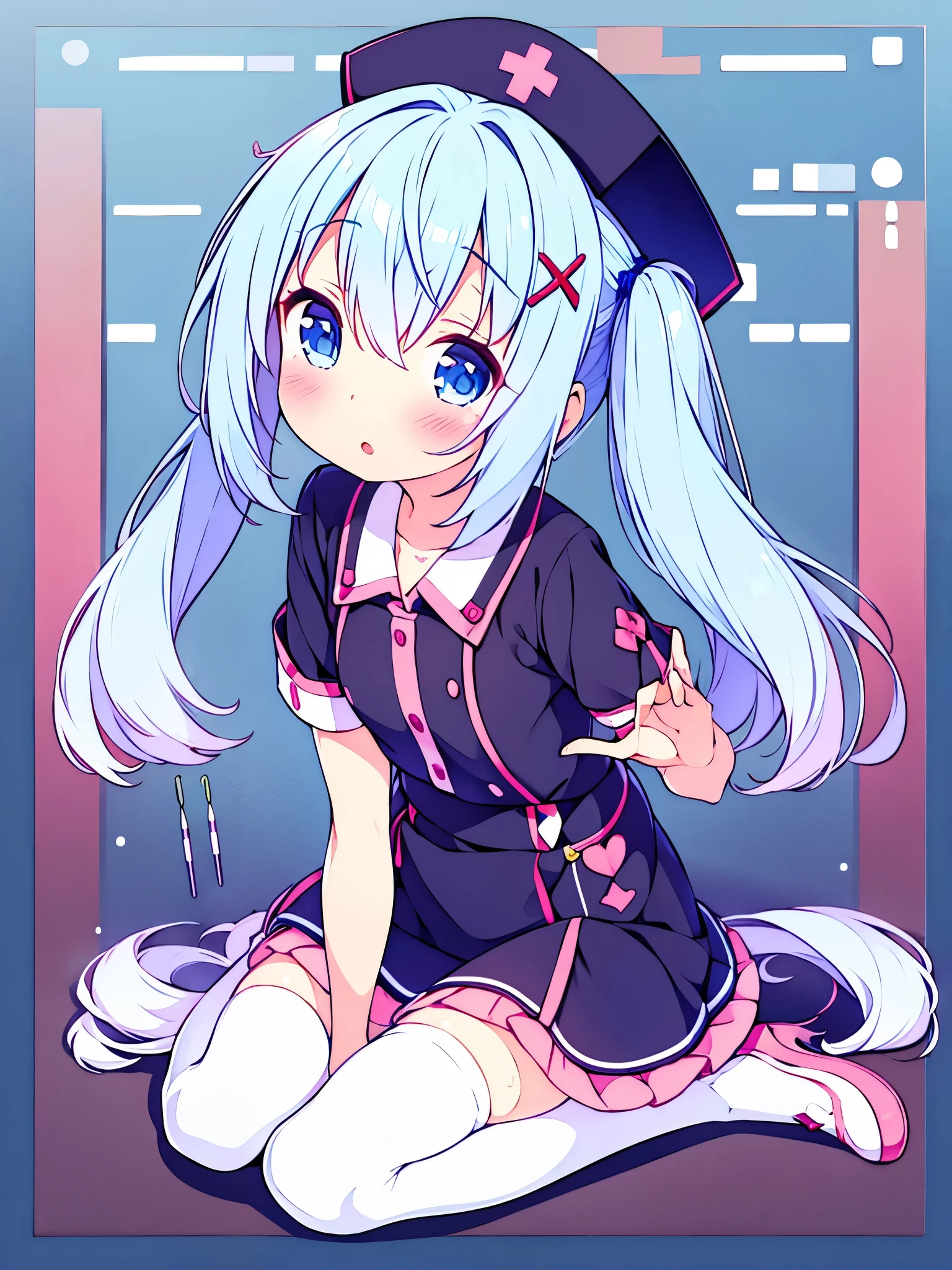 ogipote, 1girl, solo, long hair, looking at viewer, blush, open mouth, bangs, blue eyes, hair ornament, thighhighs, hat, dress, holding, hair between eyes, twintails, sitting, blue hair, full body, short sleeves, sidelocks, parted lips, shoes, hairclip, black footwear, white thighhighs, zettai ryouiki, head tilt, animal, short dress, x hair ornament, pink dress, covering, :<, rabbit, nurse cap, chestnut mouth, nurse, pink headwear, covering crotch, triangle mouth, syringe, oversized object, clipboard, shirt tug, stethoscope, dress tug, angora rabbit, thermometer, kafuu chino, tippy (gochiusa) NSFW 