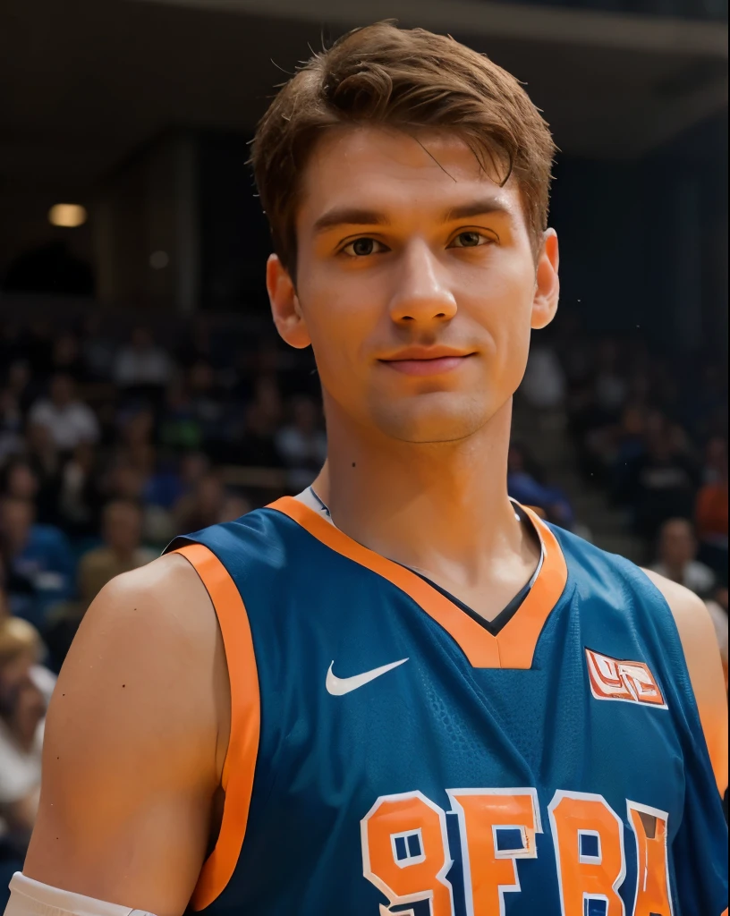 4k uhd picture of handsome 40 year old desirable caucasian man with distinguished features, ((standing front row at a basketball game in a blue and orange basketball jersey)). Athletic build, tall height, light brown medium length hair, clean cut haircut, (shaved face), (intriguing green eyes). Looking slightly down at his seductive smile with a gentle expression, detailed depiction of facial features, perfectly symmetrical face, crisp details, ultra-fine rendering, studio lighting which masterfully accentuates his excellent features,