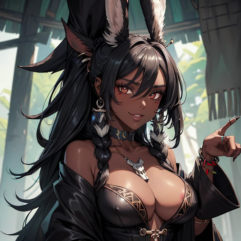 (masterpiece), best quality, highly detailed faces, (SHARP details), 4k, highly detailed, expressive eyes, SHARP detail expressive eyes, (SHARP detail perfect face), ((dark skin)), (bunny ears), (viera), ((black hair)), (choker) amber eyes, ponytail, wild tomboy hair, smiling, (wearing witch doctor outfit), 20 years old, cleavage, ((solo)), nice hips, curvy, tall woman, large breasts, ((bone accessories)), witch doctor hut, cauldron, (wearing witch doctor clothes), ((white tribal marks on body)), bone accessory, loincloth, piercings, (white marks on skin), (tribal marks), earrings on bunny ears, witch doctor, fur clothes, (fur skirt), (bone armor), ((witch doctor)),