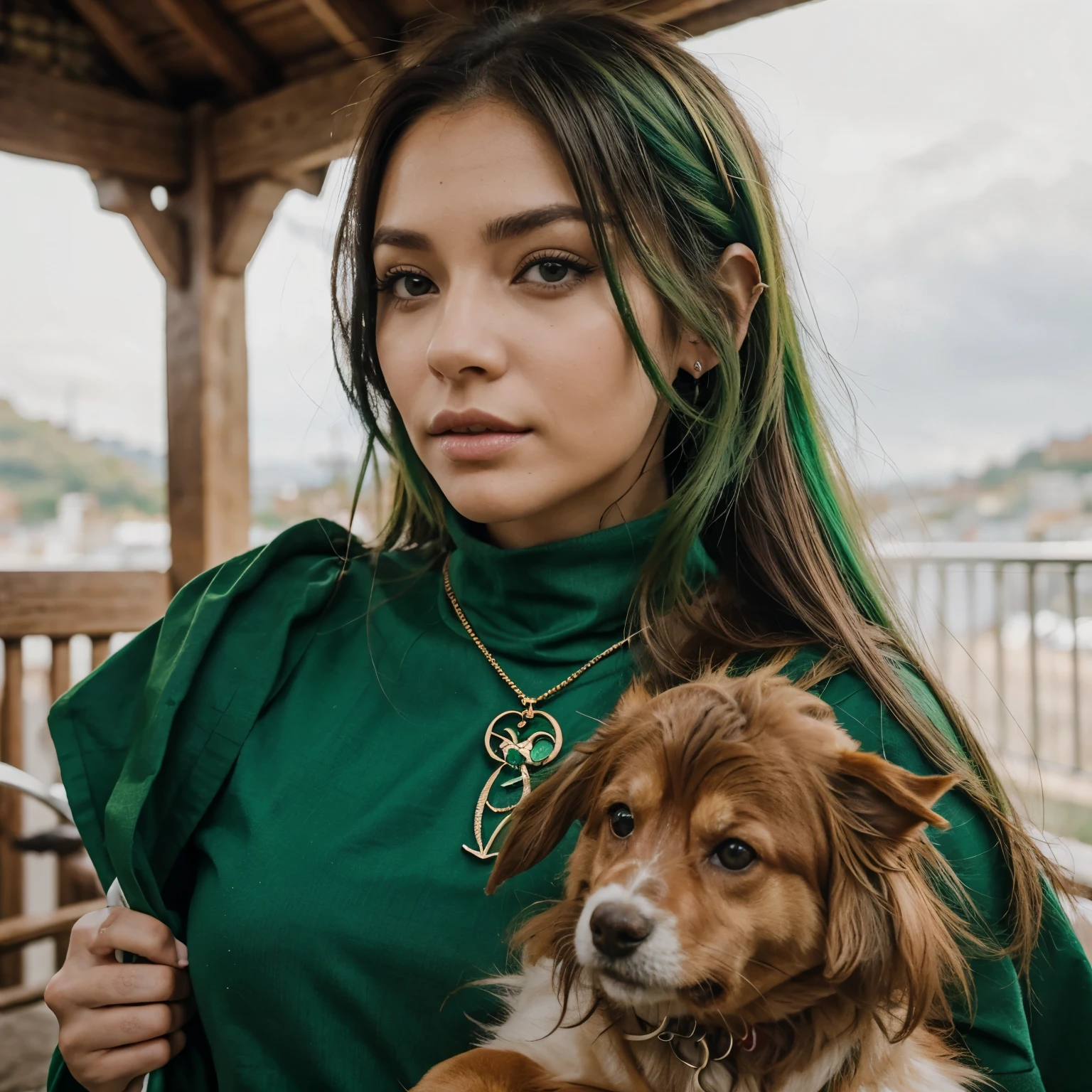 Mujer elfo de piel color verde, cabello largo, vestida de reina con cara enojada y un perro de mascota