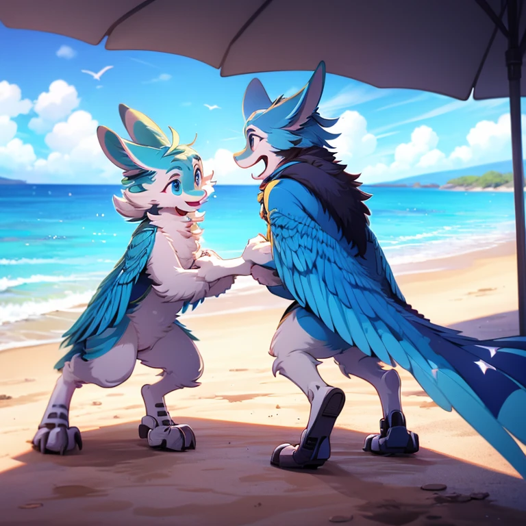 Bird furries on a beach with no clothes having fun