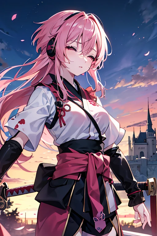 kawai bloody anime girl looking at the horizon with a castle floating in the distance and people in the distance with powers, pink hair, happy, headphones on listening to music and dancing panorama mode image that shows the landscape and that the girl does not look at the camera and that her entire body is seen, with a sandess on her face, closing her eyes, with a katana hanging on her waist, anime, anime!!! 4k blood everywhere not a happy ending and a tear falling off her eyes ninja style