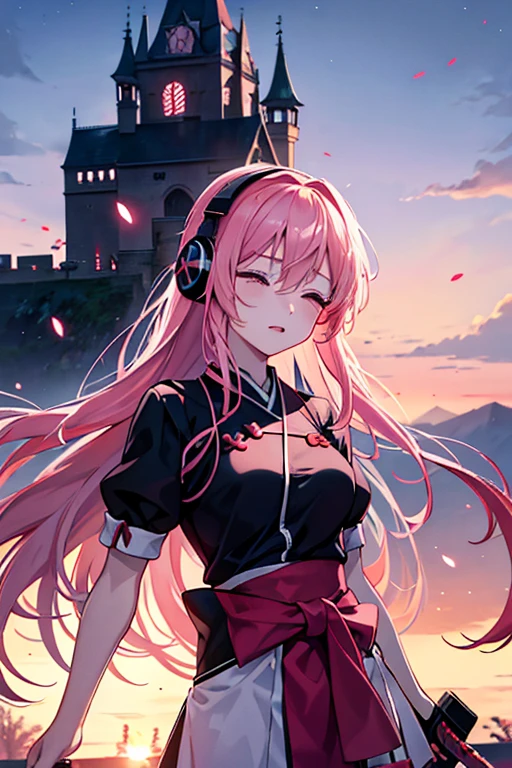 kawai bloody anime girl looking at the horizon with a castle floating in the distance and people in the distance with powers, pink hair, happy, headphones on listening to music and dancing panorama mode image that shows the landscape and that the girl does not look at the camera and that her entire body is seen, with a sandess on her face, closing her eyes, with a katana hanging on her waist, anime, anime!!! 4k blood everywhere not a happy ending and a tear falling off her eyes ninja style